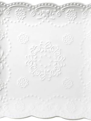 Elegant Square Embossed Lace Plate Bone China Dessert Plate Ceramic Plate for Breakfast Afternoon Tea (White, 6-inch)