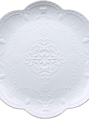 Elegant Round Embossed Lace Plate, Ceramic Serving Plate for Breakfast Afternoon Tea (White, 6-inch)