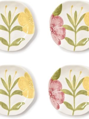 Floribunda Tidbit Plates with Floral Relief Design, 5.75-Inch, Ceramic, Set of 4