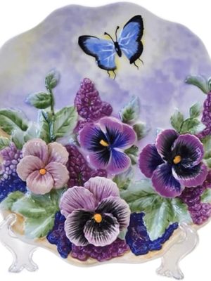 Ceramic 8" Collections Plate, 3D Hand-painted Flower and Butterfly Decorative Hanging Tray with Display Stand - Champagne Rose