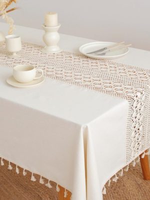 Table Cloth, Rectangle Tablecloth Washable Cotton Linen Tablecloths Crochet Patchwork Table Cover with Tassle for Kitchen, Dining Tabletop Decoration 55''x70'' Beige