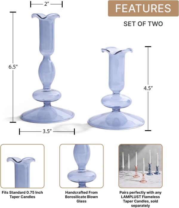 Taper Candle Holders, Set of 2 Blue Candle Holders, 4.5 & 6.5 in Glass Candle Holder, Fits Standard Taper Candles, Candle Sticks Holder Decor for Table Centerpieces, Coffee Table Decor