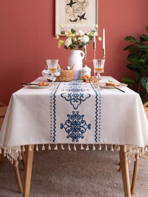 Table Cloth Embroidery Damask Pattern Wrinkle Free Heavy Weight Cotton Linen Farmhouse Tablecloth Decorative Fabric Tassel Table Cover for Outdoor and Indoor Use (Square 55 x 55 Inch)