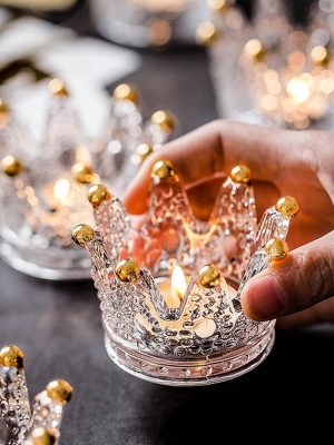 Votive Candle Holders Set of 6 Crown Glass Tealight Candle Holder for Wedding, Party and Home Decor (Gold Tips)