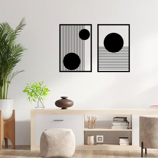 Large 2 Pcs Abstract Metal Wall Art,Black Modern Geometric Wall Decor Hanging,Minimalist Single Line Art Wall Décor Sculptures, Living Room Bedroom Bathroom Office Farmhouse Decoration