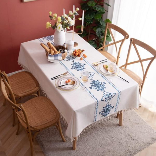Table Cloth Embroidery Damask Pattern Wrinkle Free Heavy Weight Cotton Linen Farmhouse Tablecloth Decorative Fabric Tassel Table Cover for Outdoor and Indoor Use (Square 55 x 55 Inch)