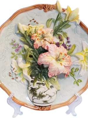 Ceramic Collections Plate, 3D Hand Painted Lilies Flower Decorative Tray with Display Stand -8"