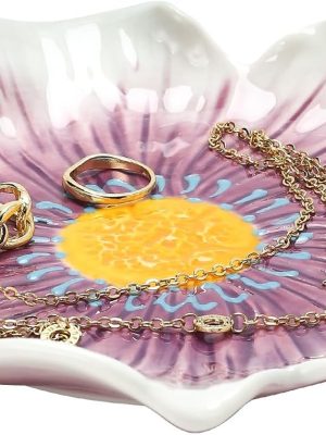 Flower Jewelry Dish 6.5" x 1.4 inch, Floral Ceramic Jewelry Dish Tray, Vintage Vanity Decorative Plate for Rings, Keys, Trinkets - Purple Flower Design, Perfect Engagement & Wedding Gift