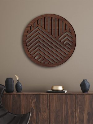 Geometric Wood Wall Art Decor, Modern Vintage Mountain Wall Sculptures Hanging Abstract Panels Decor, 3D Round Hollow Wooden Craft Art Boho Wall Decoration, for Home Office Living Room Bedroom (Brown)