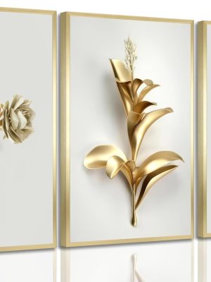 3Pcs Abstract Golden Flower Canvas Wall Art Modern Luxury Minimalism Nordic Floral Plant Painting Picture Wall Decor Poster Print Artwork for Living Room Bedroom Home Decoration Unframed