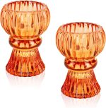 Glass Candle Holders, 2PCS Taper Candlestick Holders Tealight Candle Holders Decorative Candle Stand Tables Centerpieces Decor for Wedding Festival Party Windowsill, Orange