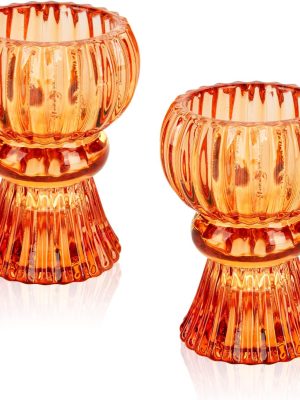 Glass Candle Holders, 2PCS Taper Candlestick Holders Tealight Candle Holders Decorative Candle Stand Tables Centerpieces Decor for Wedding Festival Party Windowsill, Orange