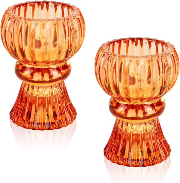 Glass Candle Holders, 2PCS Taper Candlestick Holders Tealight Candle Holders Decorative Candle Stand Tables Centerpieces Decor for Wedding Festival Party Windowsill, Orange