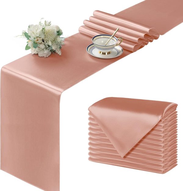 12Pcs Satin Rose Gold Table Runner - 12 x 72 Inch Long Size, Party Table Runner Decor Bright & Smooth Wedding Decorations Table Runner for Banquet Chef Birthday Buffet Dinner Graduations