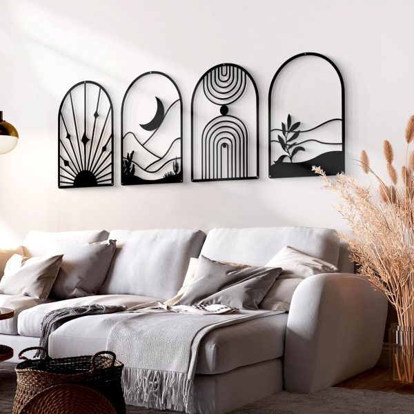 4 Pack Black Abstract Metal Wall Art, Minimalist Décor Single Line Art Wall Décor, 3D Textured Metal Wall Sculptures, for Living Room Bedroom Bathroom Study Room (Black Boho, M Size 17 x 12'')