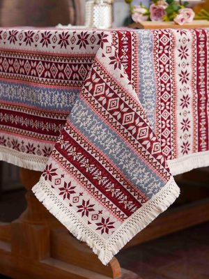 Cotton Linen Tablecloth with Exquisite Floral Lace Tassel Dust-Proof Rustic Rectangular Tablecloths for Dining Table Home Decor Holiday Party Buffet (Burgundy, Rectangular, 52"x70")