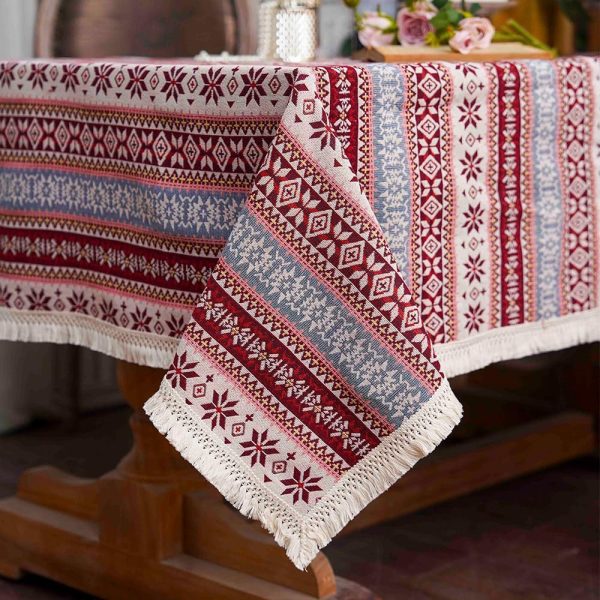 Cotton Linen Tablecloth with Exquisite Floral Lace Tassel Dust-Proof Rustic Rectangular Tablecloths for Dining Table Home Decor Holiday Party Buffet (Burgundy, Rectangular, 52"x70")