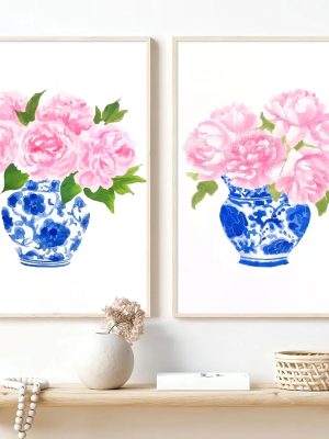 Chinoiserie Wall Art Blue and White Chinoiserie Porcelain Pictures Flower Vase Canvas Pink Floral Watercolor Art Blue and White Vase Wall Art Watercolor Peony Art Prints for Home 16x24inchx2 Frameless