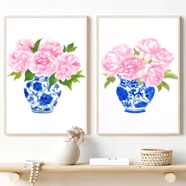 Chinoiserie Wall Art Blue and White Chinoiserie Porcelain Pictures Flower Vase Canvas Pink Floral Watercolor Art Blue and White Vase Wall Art Watercolor Peony Art Prints for Home 16x24inchx2 Frameless