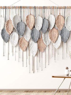 Large  Wall Hanging, Boho Woven Tapestry, Chic Modern Bohemian Handmade Leaf Feather Wall Art Home Decor for Apartment Dorm Living Room Bedroom Nursery Backdrop (39" W X 29.5" L)