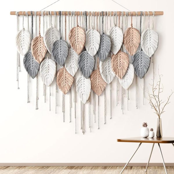 Large  Wall Hanging, Boho Woven Tapestry, Chic Modern Bohemian Handmade Leaf Feather Wall Art Home Decor for Apartment Dorm Living Room Bedroom Nursery Backdrop (39" W X 29.5" L)