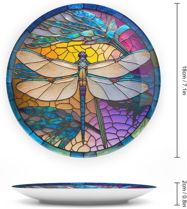 Decorative Plates for Wall Hanging, Stained Glass Window Design w/Dragonfly Ceramic Plate, Wobble-Plate with Display Stand, Home Decor for Kitchen Cabinets, Farmhouse Round Tray 7 Inch
