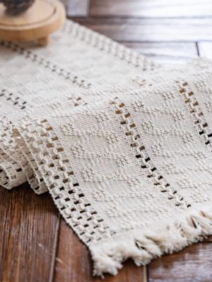 Table Runner Cream Beige Boho Table Runners with Tassels Hand Woven Cotton Table Runner Rustic Farmhouse Table Runners for Bohemian Kitchen Dining Table(12x71in)