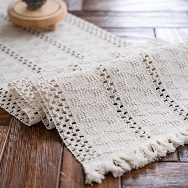 Table Runner Cream Beige Boho Table Runners with Tassels Hand Woven Cotton Table Runner Rustic Farmhouse Table Runners for Bohemian Kitchen Dining Table(12x71in)