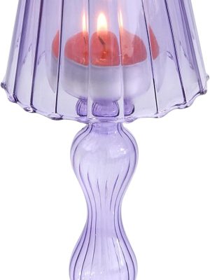Desk Lamp Shaped Glass Candle Holder - Glass Hurricane Candleholder Crystal Decorative Candle Stand for Table Wedding Dinning Centerpieces Party Supplies Decor Purple