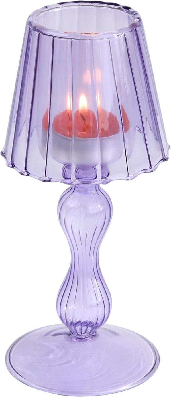 Desk Lamp Shaped Glass Candle Holder - Glass Hurricane Candleholder Crystal Decorative Candle Stand for Table Wedding Dinning Centerpieces Party Supplies Decor Purple