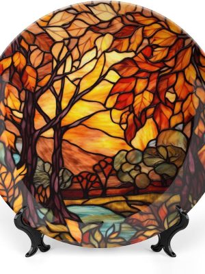 Decorative Plates, Stained Glass Design Fall Tree Landscape Ceramic Dinner Plate Home Wobble-Plate with Display Stand, Autumn Wall Hanging Decor for Living Dining Room Kitchen Household 6 Inch