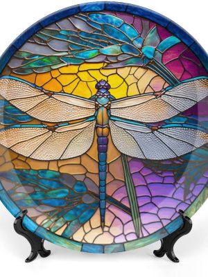 Decorative Plates for Wall Hanging, Stained Glass Window Design w/Dragonfly Ceramic Plate, Wobble-Plate with Display Stand, Home Decor for Kitchen Cabinets, Farmhouse Round Tray 7 Inch