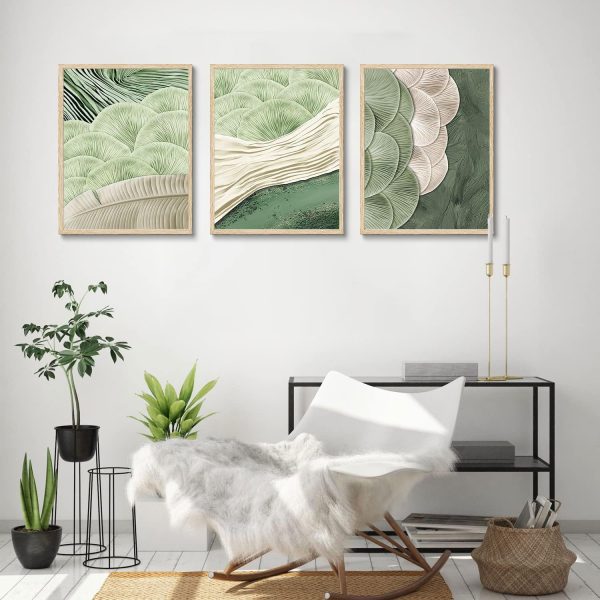 3Pcs Abstract Green Wall Art Mid Century Texture Wall Decor Posters Pictures Modern Minimalist Sage Green Ginkgo Leaf Canvas Paintings Prints for Bedroom Living Room Decoration Unframed