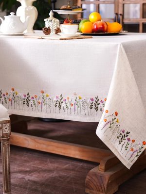 Lace Tablecloth - Linen Color Embroidery Country Farm Elegant Coffee & Dining Tablecloth (52 x 70 Inch, Colorful Plants)