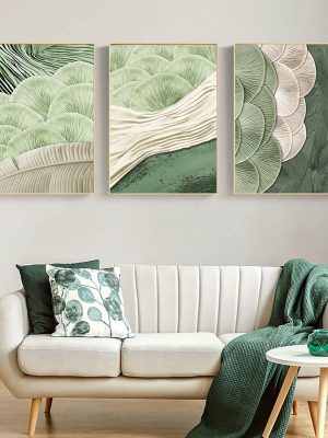 3Pcs Abstract Green Wall Art Mid Century Texture Wall Decor Posters Pictures Modern Minimalist Sage Green Ginkgo Leaf Canvas Paintings Prints for Bedroom Living Room Decoration Unframed