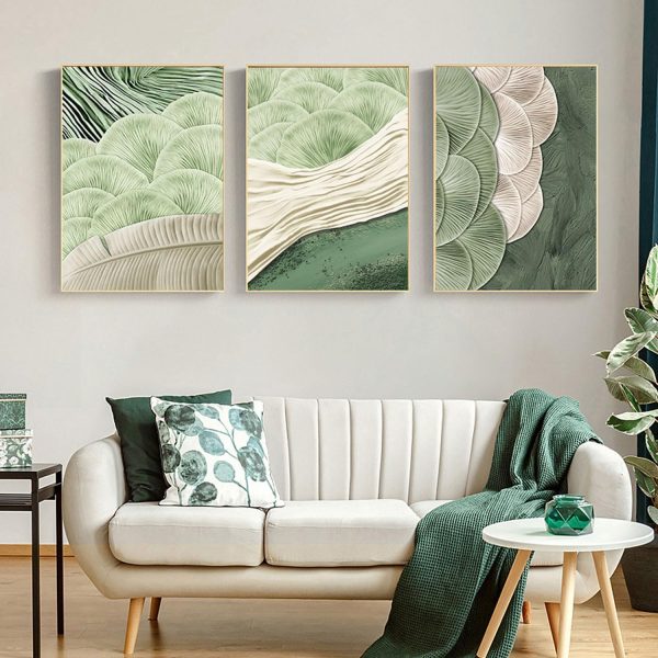 3Pcs Abstract Green Wall Art Mid Century Texture Wall Decor Posters Pictures Modern Minimalist Sage Green Ginkgo Leaf Canvas Paintings Prints for Bedroom Living Room Decoration Unframed