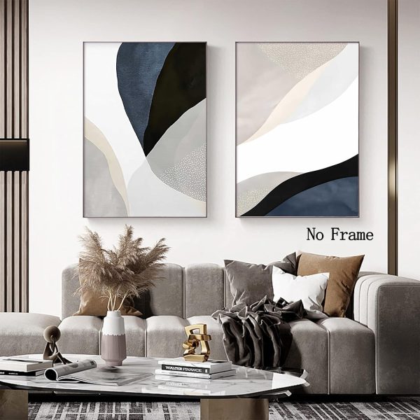 Black White and Beige Abstract Wall Art Mid Century Modern Boho Prints Blue Grey Abstract Painting Abstract Geometric Poster Minimalist Boho Pictures Color Block Canvas Prints Art 16x24inchx2 No Frame