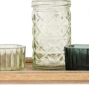 Wood Tray with 9 Green Glass Votive Holders