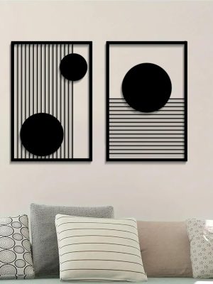 Large 2 Pcs Abstract Metal Wall Art,Black Modern Geometric Wall Decor Hanging,Minimalist Single Line Art Wall Décor Sculptures, Living Room Bedroom Bathroom Office Farmhouse Decoration