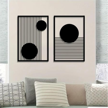 Large 2 Pcs Abstract Metal Wall Art,Black Modern Geometric Wall Decor Hanging,Minimalist Single Line Art Wall Décor Sculptures, Living Room Bedroom Bathroom Office Farmhouse Decoration
