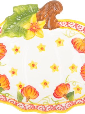 Ceramic Plate Pumpkin Relief Design Decorative Serving Dish for Halloween Decor