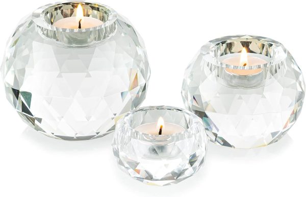Crystal Candle Holders for Tea Light Clear Votive Candle Holder Set of 3 Glass Crystals Ball Decor for Dining Coffee Table Centerpiece, Wedding Decorations