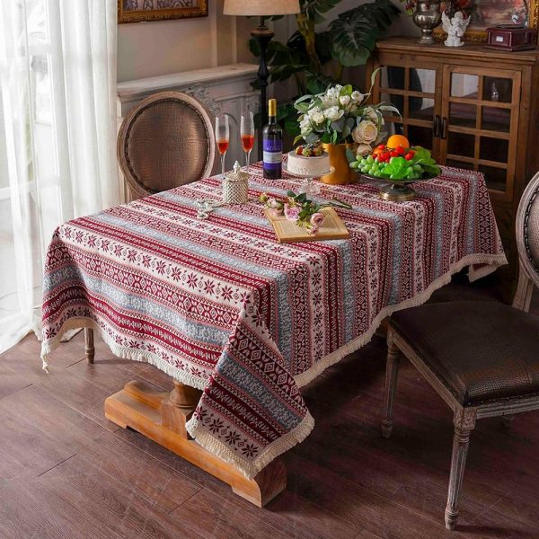 Cotton Linen Tablecloth with Exquisite Floral Lace Tassel Dust-Proof Rustic Rectangular Tablecloths for Dining Table Home Decor Holiday Party Buffet (Burgundy, Rectangular, 52"x70")