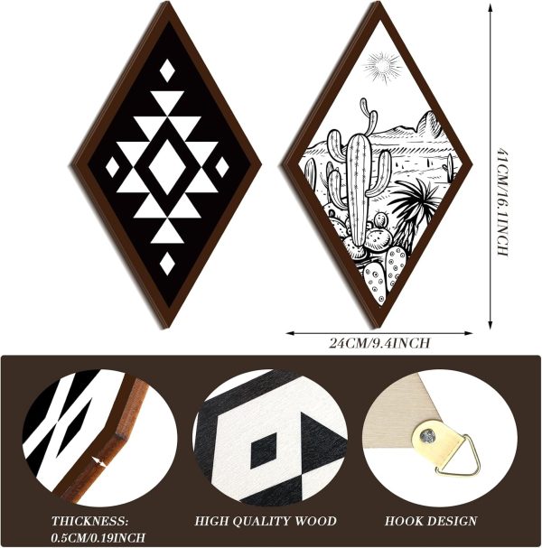 4 Pieces Aztec Wall Decor Farmhouse Home Wall Decor Western Boho Wall Art Wooden Aztec Diamond Sign Cactus Wood Geometric Diamond Frame Wall Hanging(9.4 x 16.1 Inch)