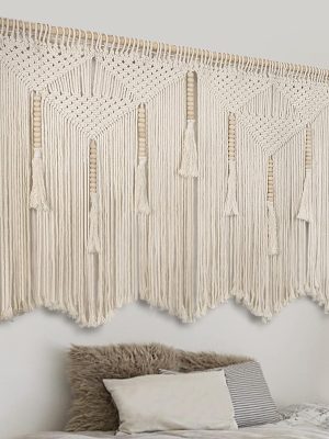 Large  Wall Hanging 43.3" × 39.4" Boho Tapestry Woven Wall Decor- Cotton Tassel  Curtain Beige Chic Bohemian Wall Art for Home Living Room Bedroom Dorm Wedding (Includes Hanging Rod)
