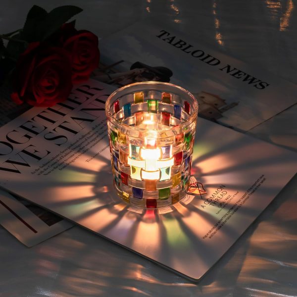 Tealight Candle Holder, Stained Glass Votive Candle Holder with Woven Pattern, Romantic Mosaic Tea Light Holder Cup for Table Centerpieces, Christmas, Birthday Party, Home Decor