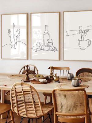 3Pcs Line Drawing Kitchen Wall Art, Modern Black White Minimalist Kitchen Abstract Line Art Posters Prints Dining Room Wall Decor Canvas Paintings Pictures Home Decoration, Unframed (line art, 16x24in