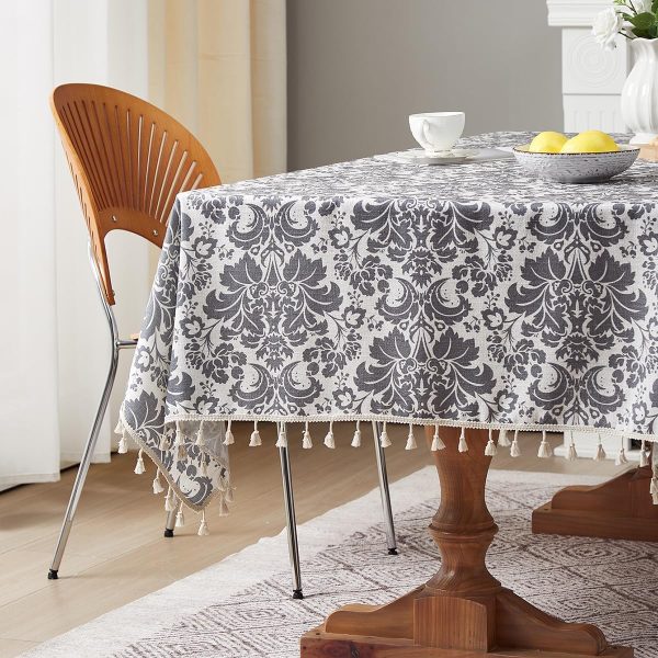 Boho Tablecloth Euro Floral Cotton Linen Gray Printed Tablecloth with White Tassel Lace, Wrinkle Resistant Shrinkage Resistant, Suitable for All Styles Dining Room Kitchen (55 X 55 Inch) Gray