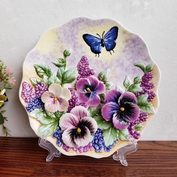 Ceramic 8" Collections Plate, 3D Hand-painted Flower and Butterfly Decorative Hanging Tray with Display Stand - Champagne Rose