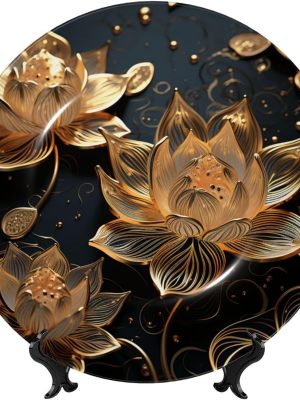 Bone China Decorative Plate 10in Ceramic Dinner Plates Boho Gold Lotus Flowers Decorative Plates Stand Ceramic Ornament Art Crafts Porcelain Plate for Living Room Kitchen Table Home